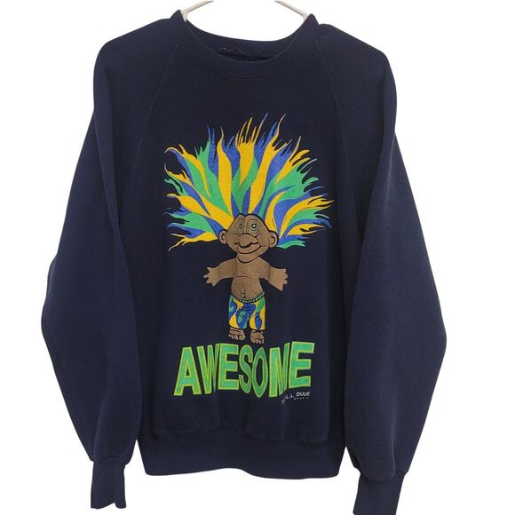 Vintage 90s AWESOME T.R.O.L.L. Dude Sweatshirt with Neon Hair Graphic Navy - Picture 1 of 10